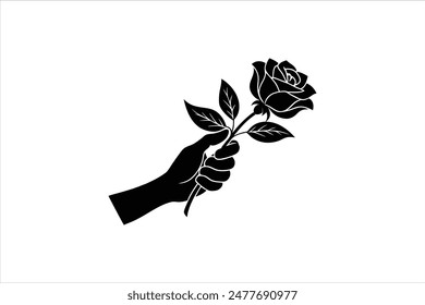 Ilustración de Arte vectorial negro de una mano sosteniendo una silueta de rama de rosa. Delicada y detallada, esta obra de arte captura la elegancia y la sencillez de una mano agarrando un tallo de rosa en un negro llamativo.