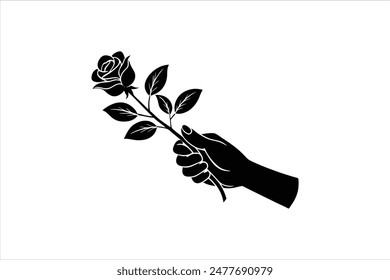 Ilustración de Arte vectorial negro de una mano sosteniendo una silueta de rama de rosa. Delicada y detallada, esta obra de arte captura la elegancia y la sencillez de una mano agarrando un tallo de rosa en un negro llamativo.