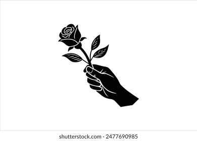 Black vector art illustration of a hand holding a rose branch silhouette. Delicate and detailed, this artwork captures the elegance and simplicity of a hand grasping a rose stem in striking black.
