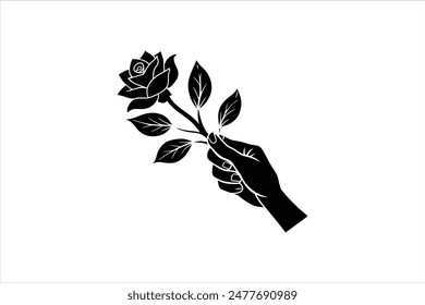 Ilustración de Arte vectorial negro de una mano sosteniendo una silueta de rama de rosa. Delicada y detallada, esta obra de arte captura la elegancia y la sencillez de una mano agarrando un tallo de rosa en un negro llamativo.