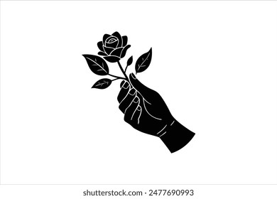 Black vector art illustration of a hand holding a rose branch silhouette. Delicate and detailed, this artwork captures the elegance and simplicity of a hand grasping a rose stem in striking black.