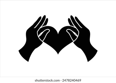 Black vector art illustration of two hand silhouettes forming a love icon between them, symbolizing affection and connection.