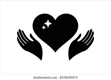 Black vector art illustration of two hand silhouettes forming a love icon between them, symbolizing affection and connection.