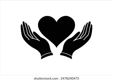 Black vector art illustration of two hand silhouettes forming a love icon between them, symbolizing affection and connection.