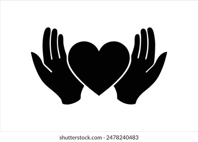 Black vector art illustration of two hand silhouettes forming a love icon between them, symbolizing affection and connection.