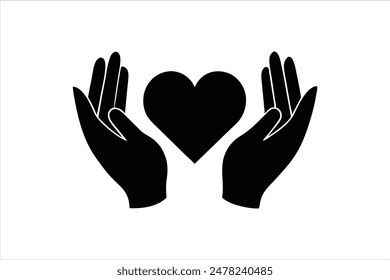 Black vector art illustration of two hand silhouettes forming a love icon between them, symbolizing affection and connection.