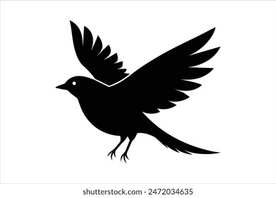 Black vector artwork illustration of a flying robin bird silhouette, capturing the graceful motion and elegance of this avian in a simple yet striking design.