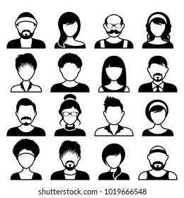 Black vector avatar icons male and female faces