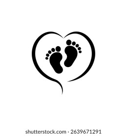 Black vector baby footprints silhouette print design. Footsteps in outline heart frame shape. Baby shower decor. New born sign icon. It's a girl,boy.Abstract love symbol.Vinyl wall sticker decal. Care