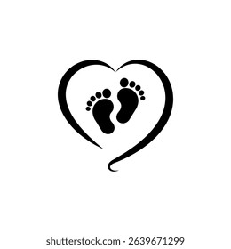 Black vector baby footprints silhouette print design. Footsteps in outline heart frame shape. Baby shower decor. New born sign icon. It's a girl,boy.Abstract love symbol.Vinyl wall sticker decal. Care