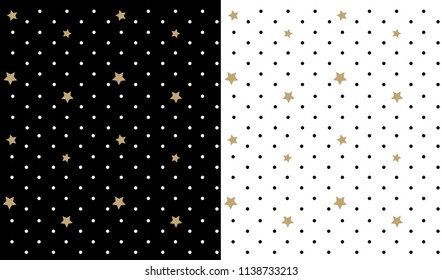 Black vector backdrop with white polka dots and golden stars. Cute childish pattern for textile. Background for kid's  birthday invitation - twinkle little. Wallpaper for prince nursery room