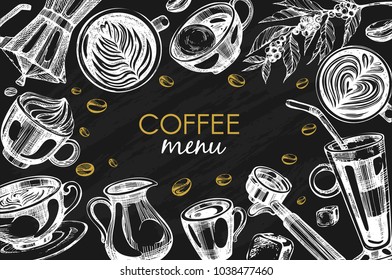 Black vector background with coffee menu ( latte,  cappuccino, glace, raf, espresso, americano, moccasino) 