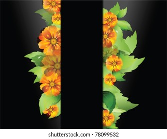 black vector background with color flowers and leaves with space strip for your text