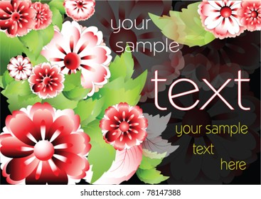 black vector background with color red flowers and green leaves with space for text