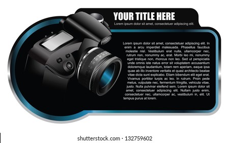 Black vector background element with realistic camera for brochure or shop