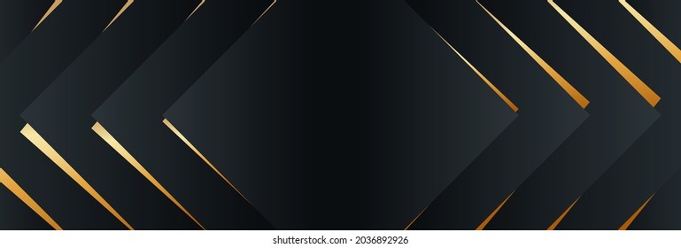 Black vector background with geometric ornament in minimal style with golden gradient stripes and blank space for your text.