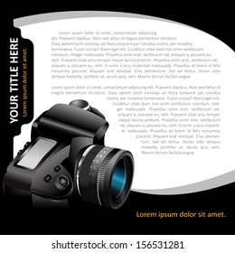 Black vector background with modern DSLR camera for brochure, flyer, poster and advertising