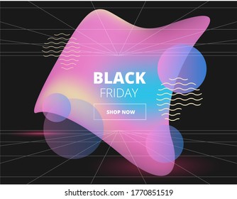 black vector background with perspective grid and abstract vibrant geometric shape