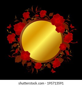 Black vector background with red tropical flowers 