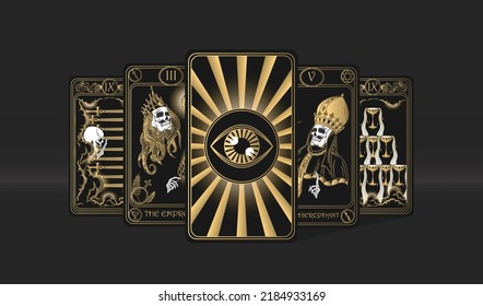 Schwarze Vektorbanner für Wahrsagerei, Tarot-Lesekonzept mit Tarot-Karten. Magische Hintergrunddesign, Vektorgrafik in goldener Farbe. Landing Page, Web Design. Okkultismus, esoterischer, Hexerei.