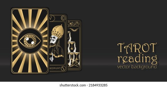 Banner vectorial negro para adivinar la fortuna, concepto de lectura tarot con tarjetas tarot. Ilustración vectorial de diseño de fondo mágico en color oro. Página de aterrizaje, diseño web. Occultismo, esotérico, brujería.