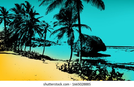 Black vector of Bathsheba Beach in Barbados against a blue and yellow gradient. Illustration is made using a graphic pen and shows the ocean, palm trees, plants and a giant rock in the water.