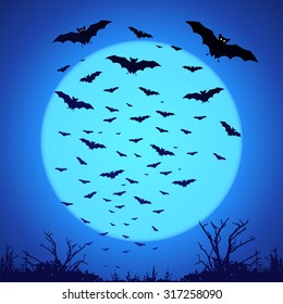Black vector bats silhouettes on big blue moon at dark background