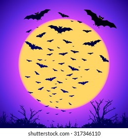 Black vector bats silhouettes on big yellow moon at purple background