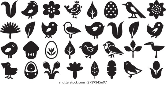 Black vector bird icons set, flying bird, perched bird, birdi wing, bird nest, birdy egg, brd feather, singing , sparrow, pigeon, eagle, owl, parrot, crow, seagull, hummingbird, dove, toucan
