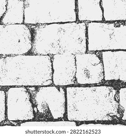 Black vector brick texture in a grunge style with grain texture is overlaid on a white background with noise particles.