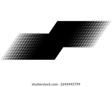 Faixa preta quebrada com malha de meio-tom. Elemento de design abstrato. Fundo do vetor. Padrão esportivo moderno para corpo de carro, barco, roupas esportivas, brinquedo. Inserir para texto