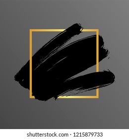 Black vector brush stroke with golden frame. Square frame or background for text. Ink brush stroke, brush, line or texture.