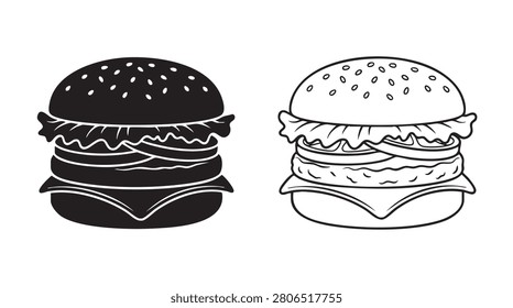 black vector bundle icon of a hamburger with lettuce and ses
