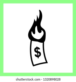 Black vector burning dollar bill icon isolated on white background. Cash on fire.