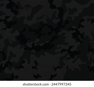 Black vector camouflage background, dark pattern, modern fabric, paper texture.