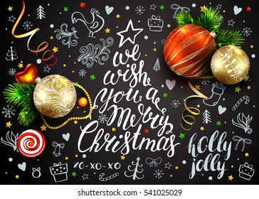 Black vector card with realistic  balls, decorations. Chalk hand drawn elements on blackboard. Rooster. 3D. Merry Christmas lettering inside the fir tree. 