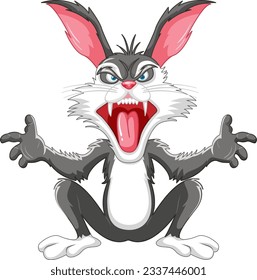 A black vector cartoon illustration of a crazy rabbit sitting with sharp teeth, isolated on a white background