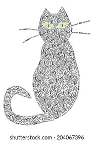 black vector cat made of words