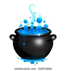 Black vector cauldron with blue witches magic potion