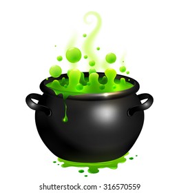 Black vector cauldron with green witches magic broth