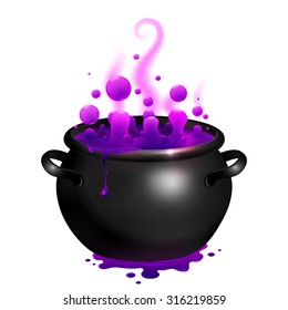 Black vector cauldron with purple witches magic broth