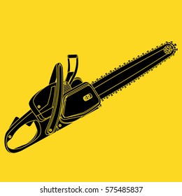 Black Vector Chainsaw Isolated On Yellow Background