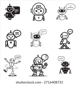 Robot de chatbot de Vector negro que ilustra la experiencia de usuario del asistente de IA conversacional