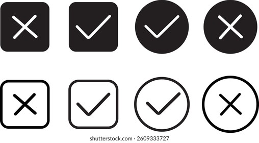 black vector check mark icons in circles and squares.Different variants of tick sign isolated on transparent background. checkmark icon set
