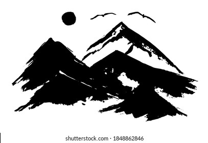 Black vector chinese ink hand drawn foggy mountains, moon and flying birds illustration. Sketchy mountain in fog landscape isolated on white background