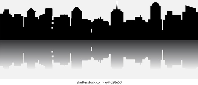 Black vector city silhouette with reflection. Vector Illustration of architectural buildings