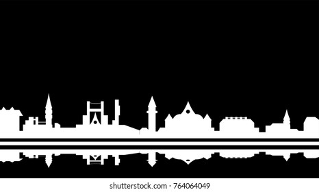 black vector cityscape silhoutte, old town with victorian architecture