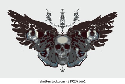 black vector collage of human skull, peacock butterfly and bird feathers with spots and splashes of different colors. Creative illustration in grunge style, t-shirt print, graffiti