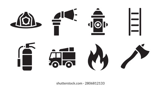 Black vector collection of firefighting symbols containing fire truck hydrant ladder nozzle and gear.