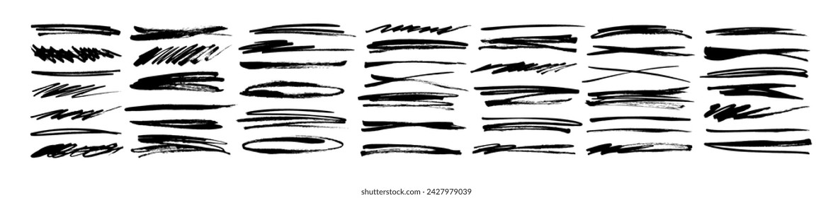 Black vector collection of various underlines, strike throughs, ovals and crossed lines. Childish style doodle lines, sketch elements for hand drawn diagrams and school templates. Rough scribbles.